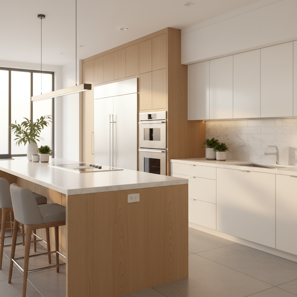 Bright upscale Saratoga kitchen with integrated premium appliances